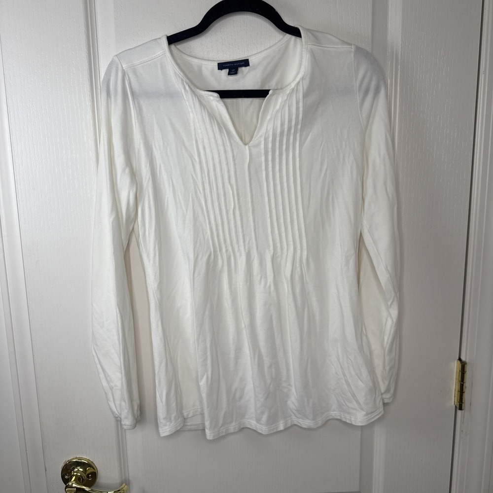 Tommy Hilfiger Womens Small White Pintuck Split Neck Long Sleeve Top Blouse